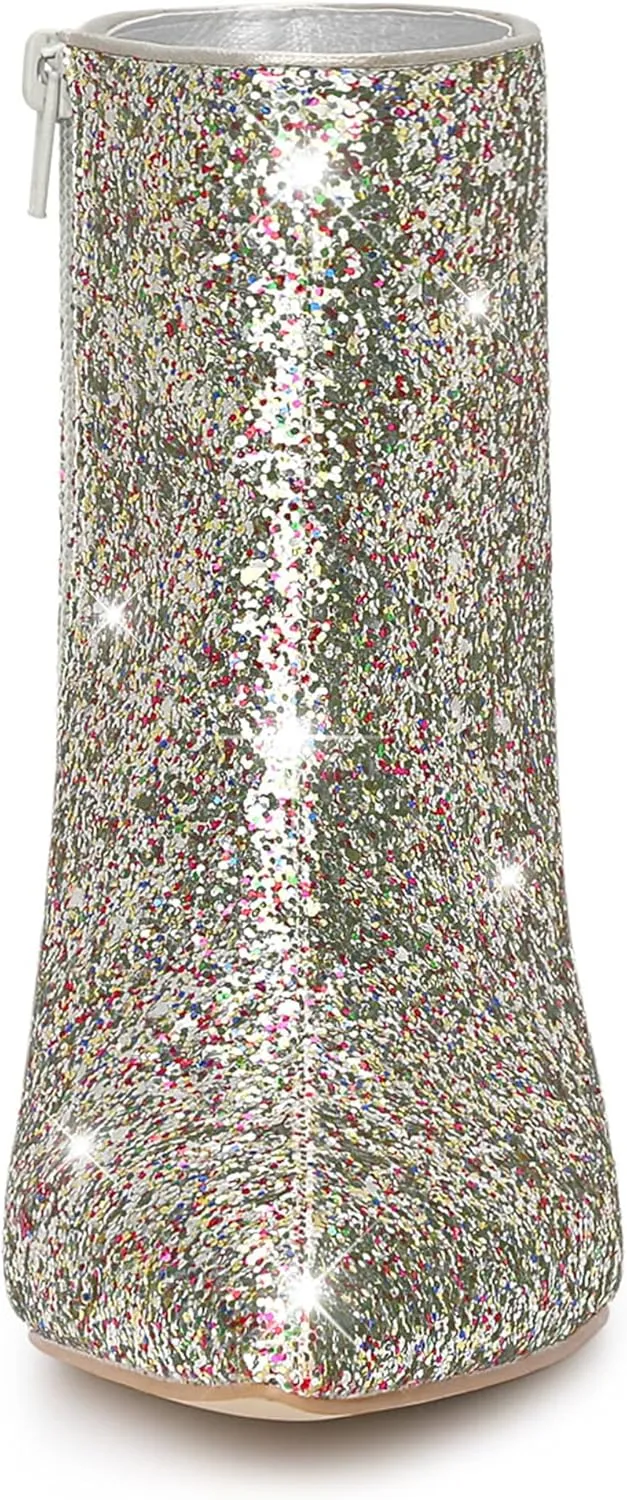 Allegra K Women's Glitter Pointed Toe Stiletto Heel Ankle Boots