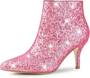 Allegra K Women's Glitter Pointed Toe Stiletto Heel Ankle Boots