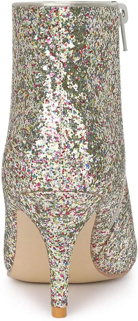 Allegra K Women's Glitter Pointed Toe Stiletto Heel Ankle Boots