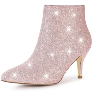 Allegra K Women's Glitter Pointed Toe Stiletto Heel Ankle Boots