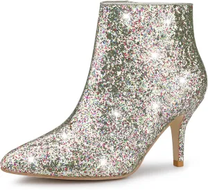 Allegra K Women's Glitter Pointed Toe Stiletto Heel Ankle Boots