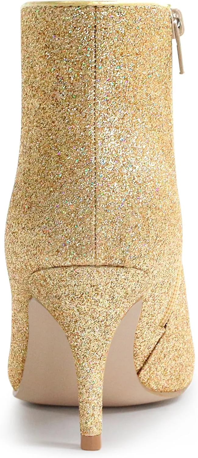 Allegra K Women's Glitter Pointed Toe Stiletto Heel Ankle Boots