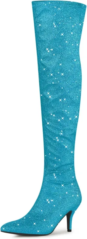 Allegra K Women's Glitter Pointed Toe Stiletto Heel Over the Knee Thigh High Boot