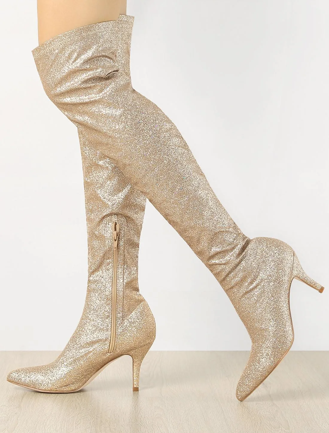 Allegra K Women's Glitter Pointed Toe Stiletto Heel Over the Knee Thigh High Boot