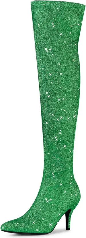 Allegra K Women's Glitter Pointed Toe Stiletto Heel Over the Knee Thigh High Boot