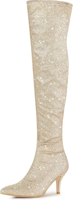 Allegra K Women's Glitter Pointed Toe Stiletto Heel Over the Knee Thigh High Boot