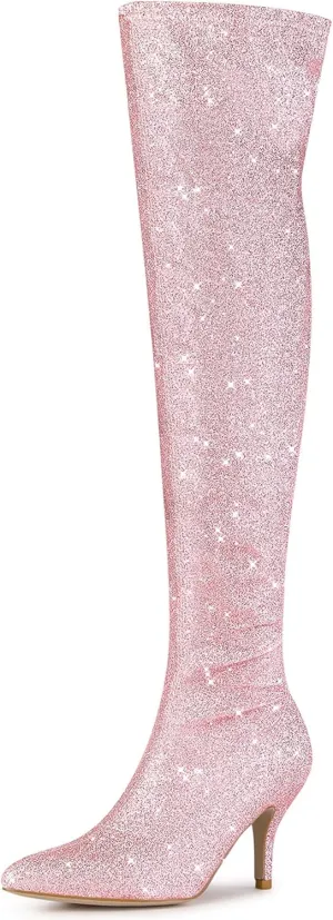 Allegra K Women's Glitter Pointed Toe Stiletto Heel Over the Knee Thigh High Boot