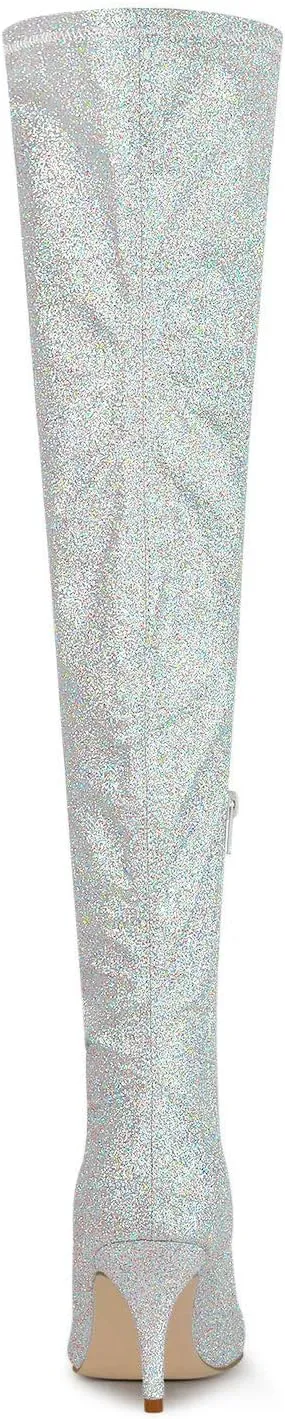 Allegra K Women's Glitter Pointed Toe Stiletto Heel Over the Knee Thigh High Boot