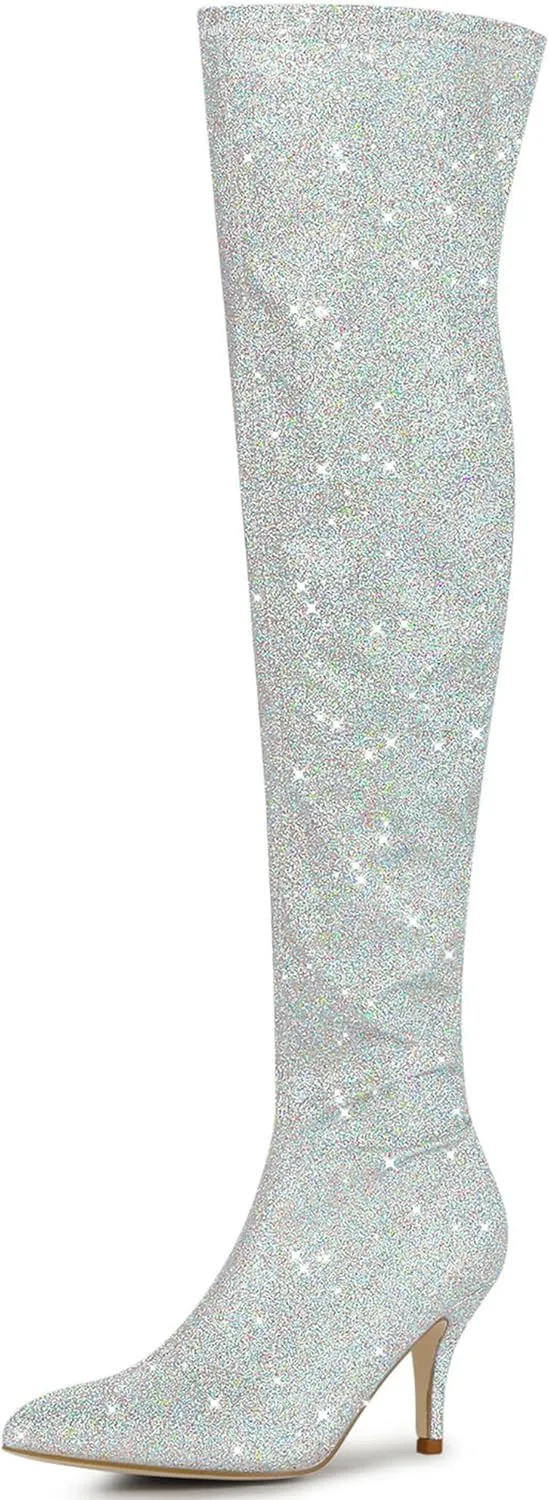 Allegra K Women's Glitter Pointed Toe Stiletto Heel Over the Knee Thigh High Boot
