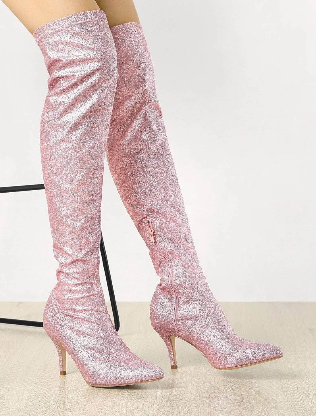 Allegra K Women's Glitter Pointed Toe Stiletto Heel Over the Knee Thigh High Boot