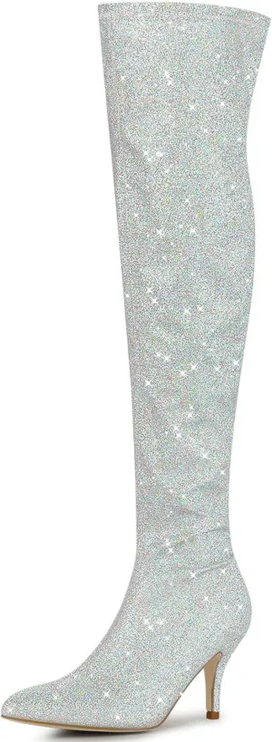 Allegra K Women's Glitter Pointed Toe Stiletto Heel Over the Knee Thigh High Boot