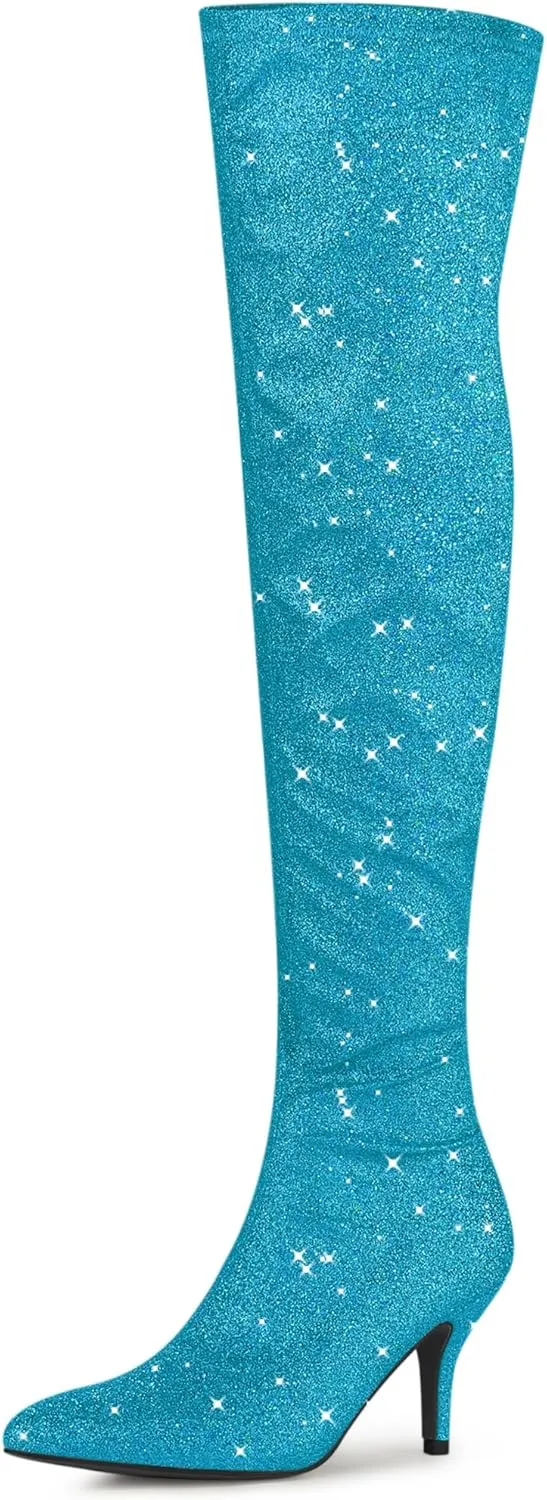 Allegra K Women's Glitter Pointed Toe Stiletto Heel Over the Knee Thigh High Boot