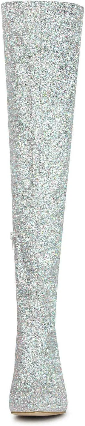 Allegra K Women's Glitter Pointed Toe Stiletto Heel Over the Knee Thigh High Boot