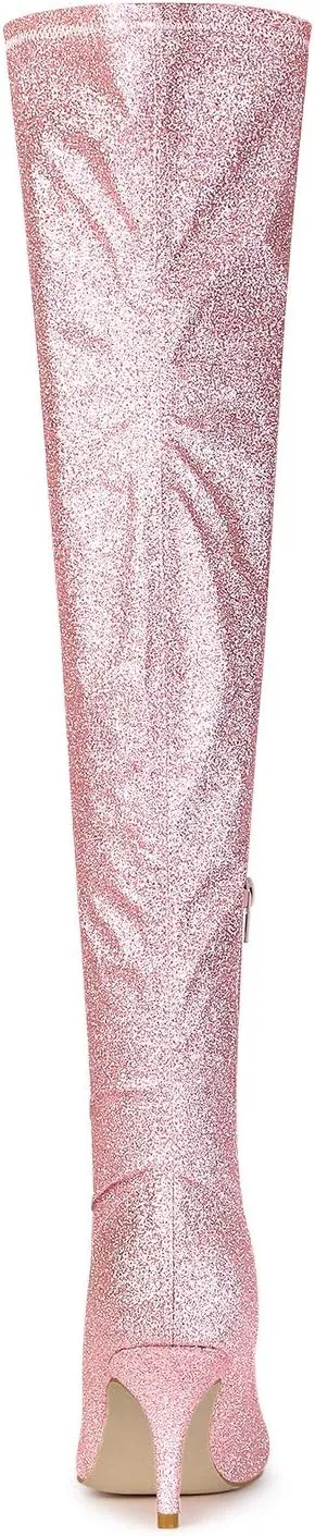 Allegra K Women's Glitter Pointed Toe Stiletto Heel Over the Knee Thigh High Boot