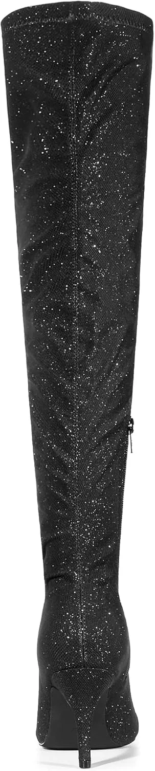Allegra K Women's Glitter Pointed Toe Stiletto Heels Over the Knee High Boots