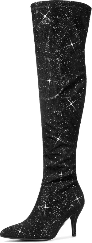 Allegra K Women's Glitter Pointed Toe Stiletto Heels Over the Knee High Boots