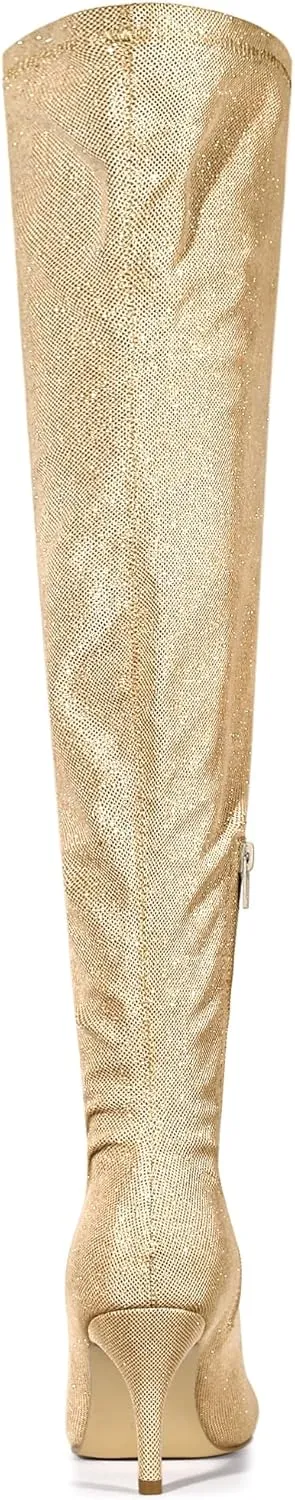 Allegra K Women's Glitter Pointed Toe Stiletto Heels Over the Knee High Boots