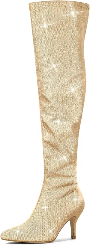 Allegra K Women's Glitter Pointed Toe Stiletto Heels Over the Knee High Boots