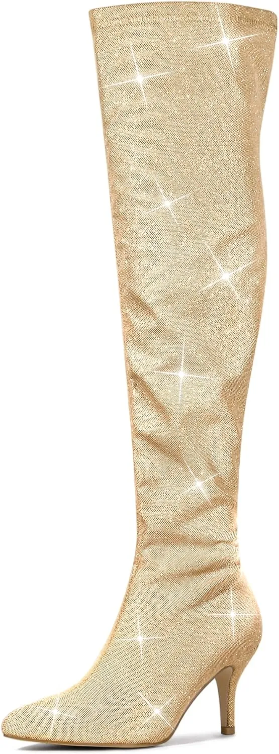 Allegra K Women's Glitter Pointed Toe Stiletto Heels Over the Knee High Boots