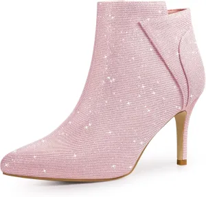 Allegra K Women's Glitter Pointed Toe Zipper Stiletto Heel Ankle Boots