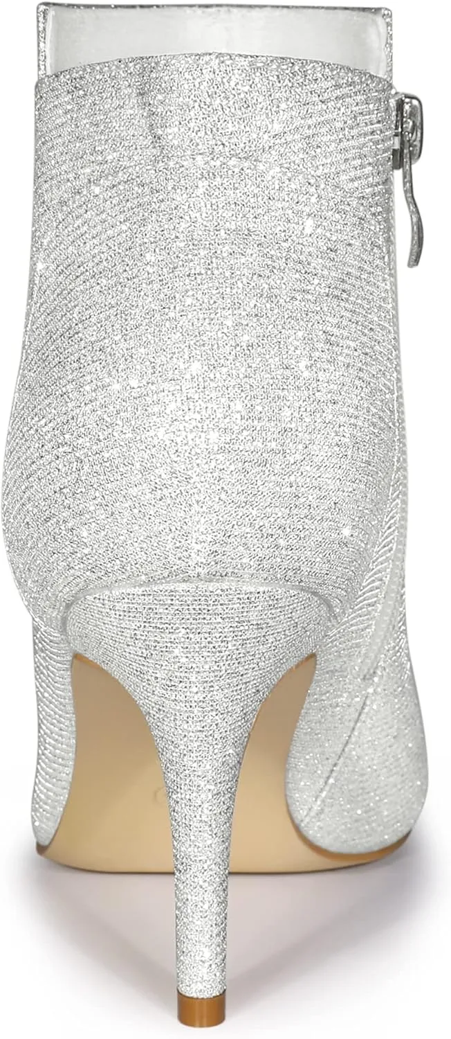 Allegra K Women's Glitter Pointed Toe Zipper Stiletto Heel Ankle Boots