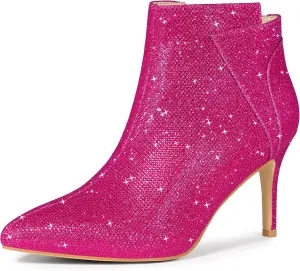 Allegra K Women's Glitter Pointed Toe Zipper Stiletto Heel Ankle Boots
