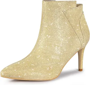 Allegra K Women's Glitter Pointed Toe Zipper Stiletto Heel Ankle Boots
