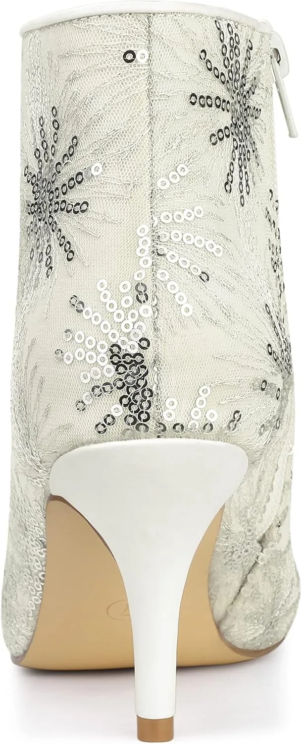 Allegra K Women's Glitter Sparkle Lace Stiletto Heels Party Sequin Ankle Boots