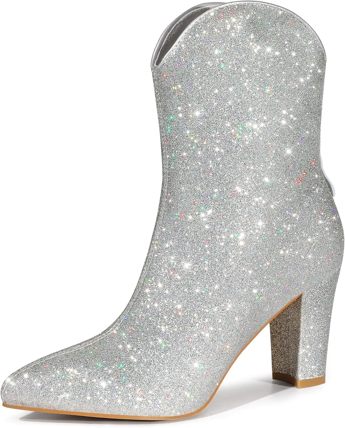 Allegra K Women's Glitter V Shape Pointy Toe Back Zipper Block Heels Mid Calf Boots