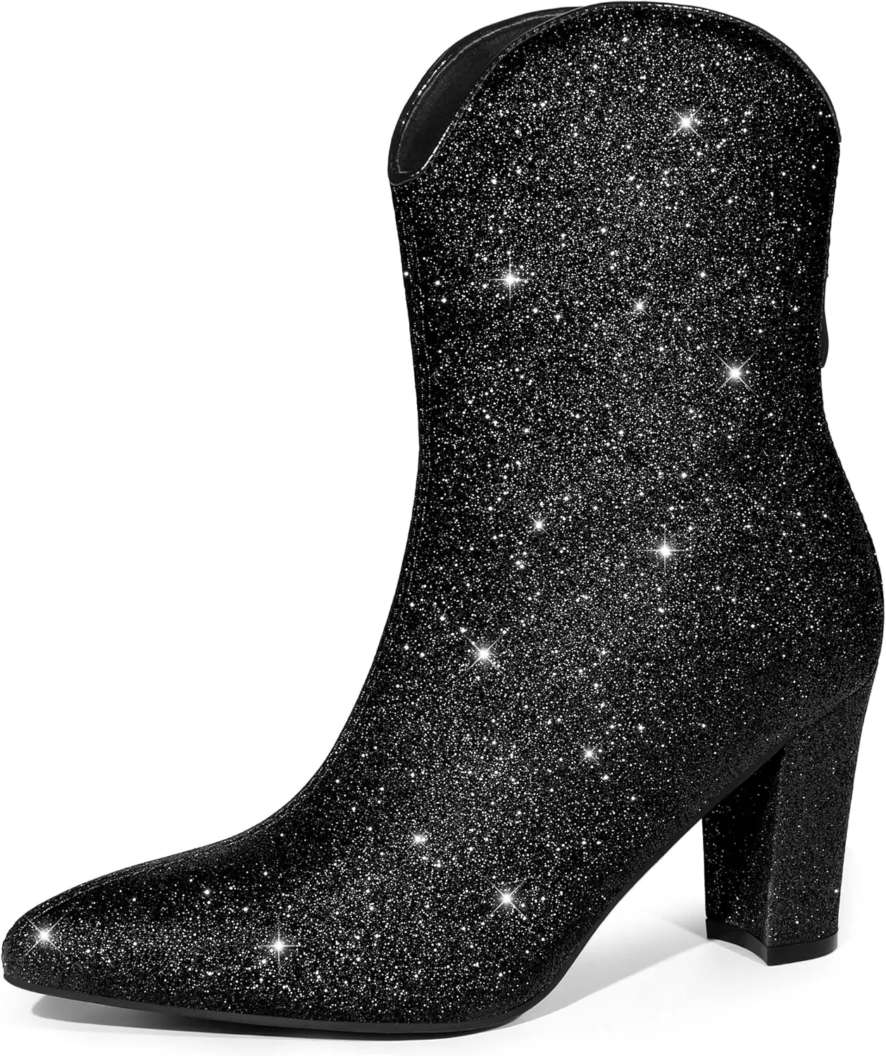 Allegra K Women's Glitter V Shape Pointy Toe Back Zipper Block Heels Mid Calf Boots