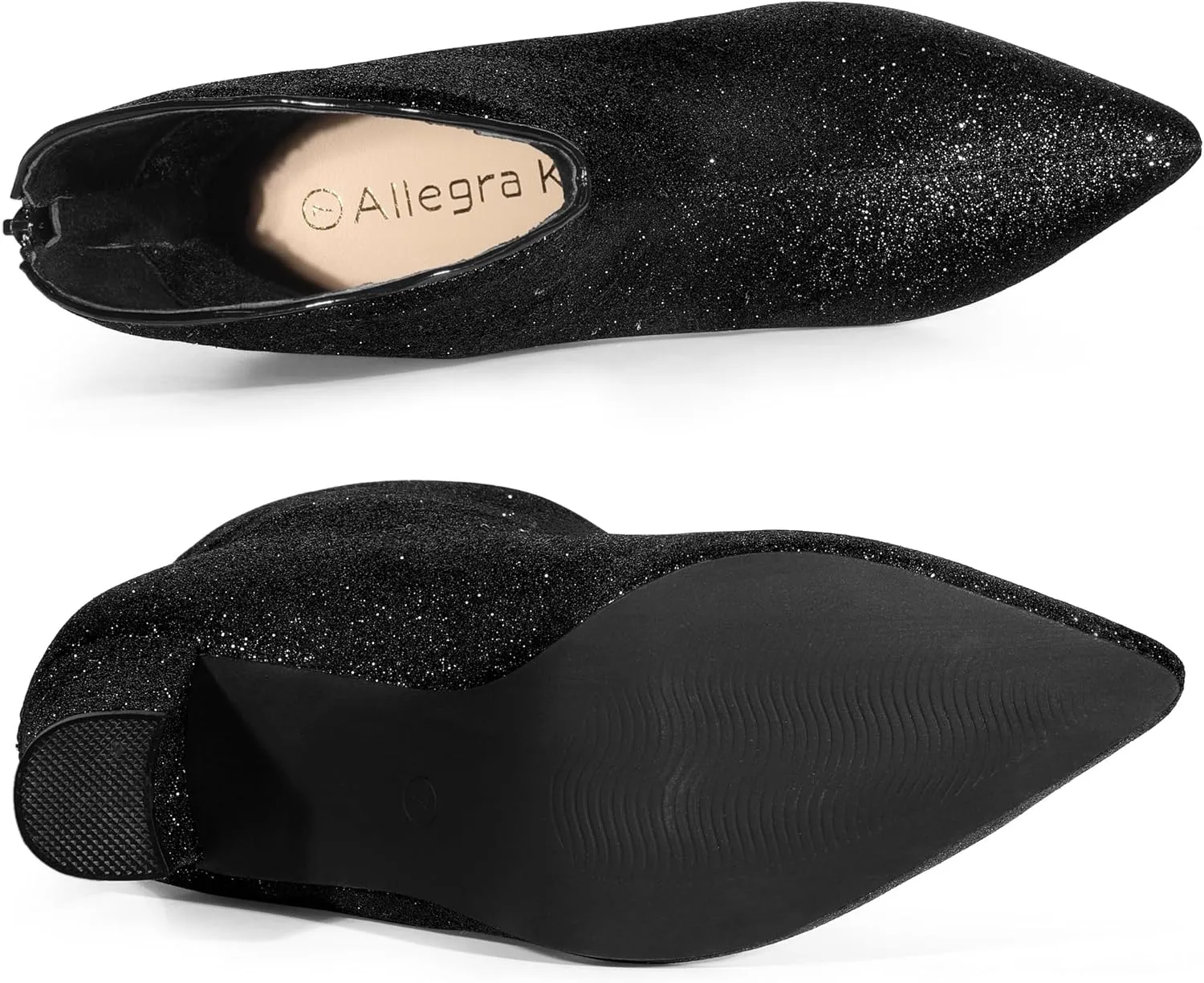 Allegra K Women's Glitter V Shape Pointy Toe Back Zipper Block Heels Mid Calf Boots