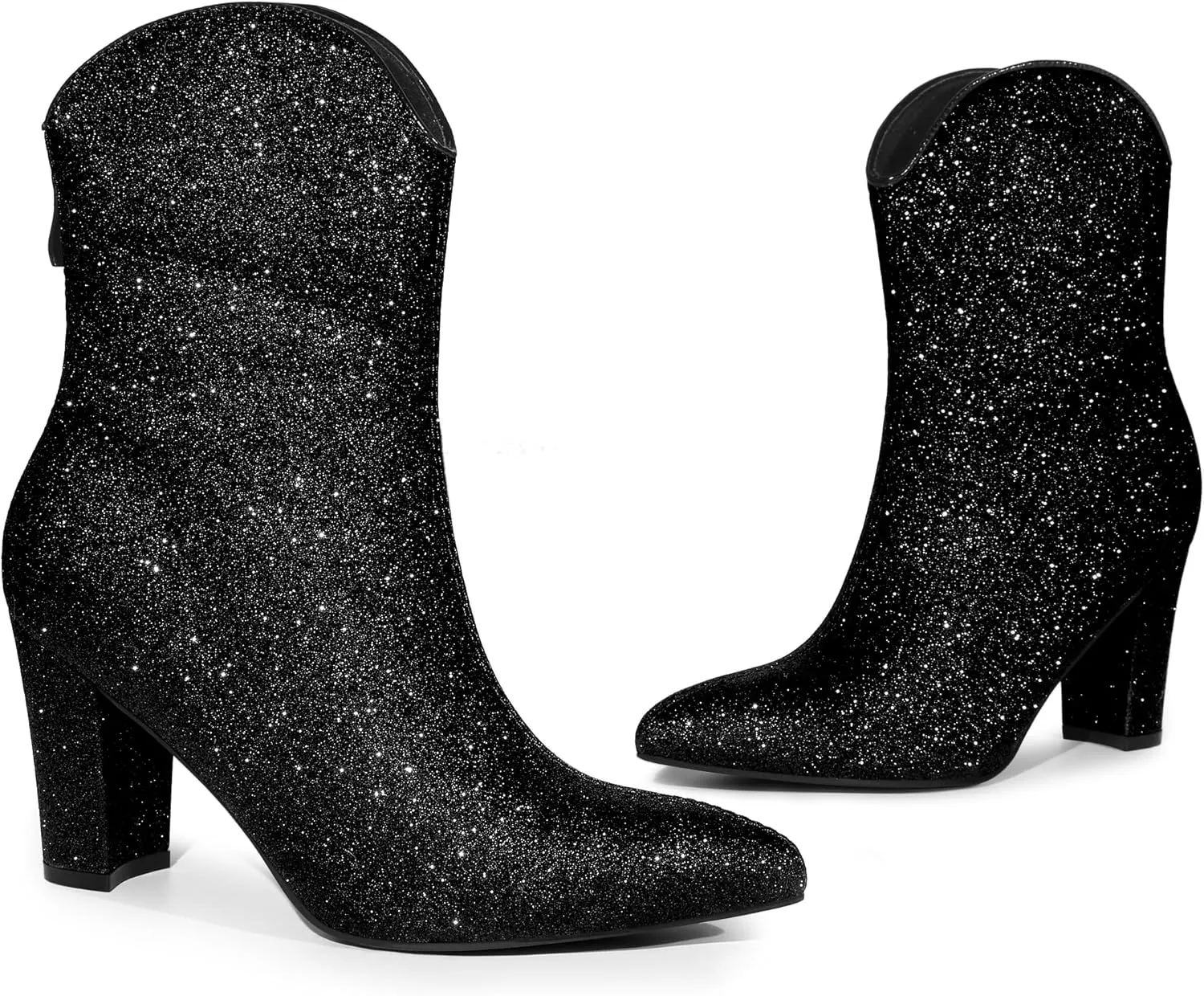 Allegra K Women's Glitter V Shape Pointy Toe Back Zipper Block Heels Mid Calf Boots