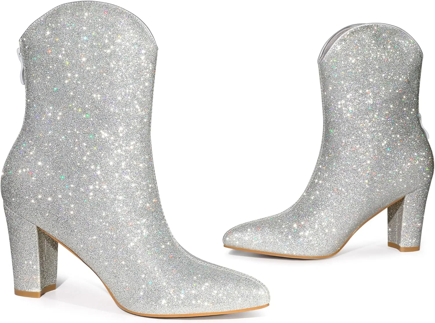 Allegra K Women's Glitter V Shape Pointy Toe Back Zipper Block Heels Mid Calf Boots