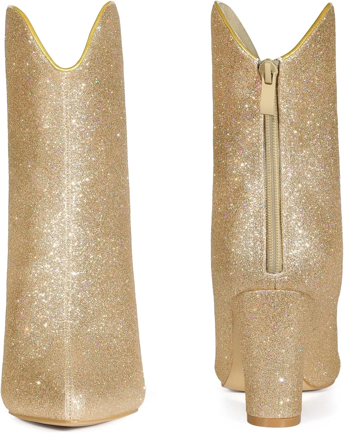 Allegra K Women's Glitter V Shape Pointy Toe Back Zipper Block Heels Mid Calf Boots
