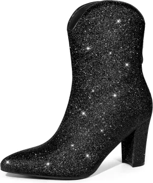 Allegra K Women's Glitter V Shape Pointy Toe Back Zipper Block Heels Mid Calf Boots