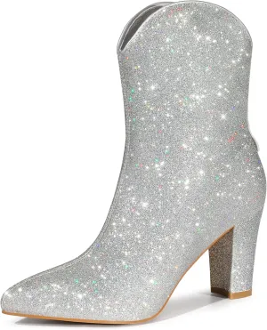 Allegra K Women's Glitter V Shape Pointy Toe Back Zipper Block Heels Mid Calf Boots