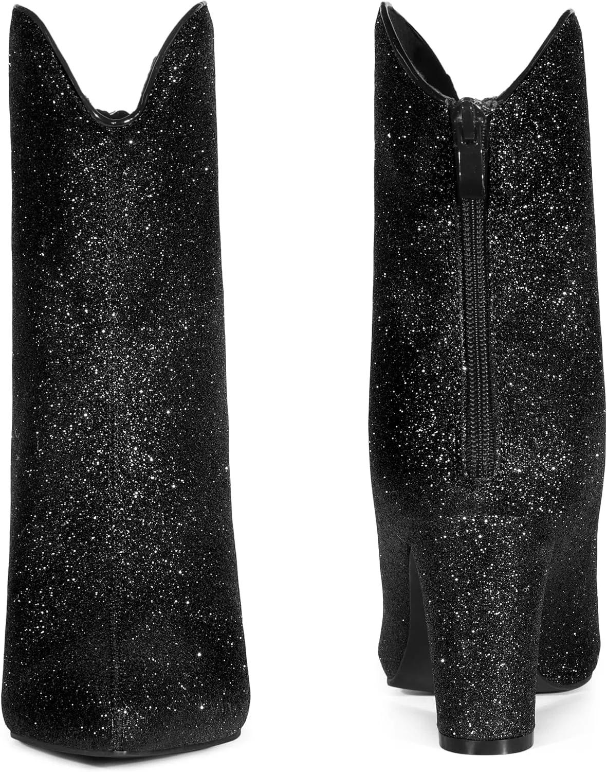 Allegra K Women's Glitter V Shape Pointy Toe Back Zipper Block Heels Mid Calf Boots