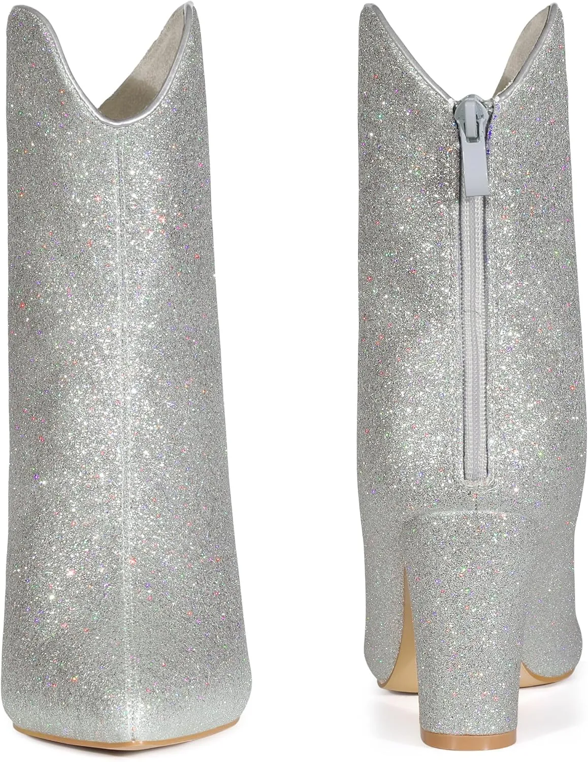 Allegra K Women's Glitter V Shape Pointy Toe Back Zipper Block Heels Mid Calf Boots