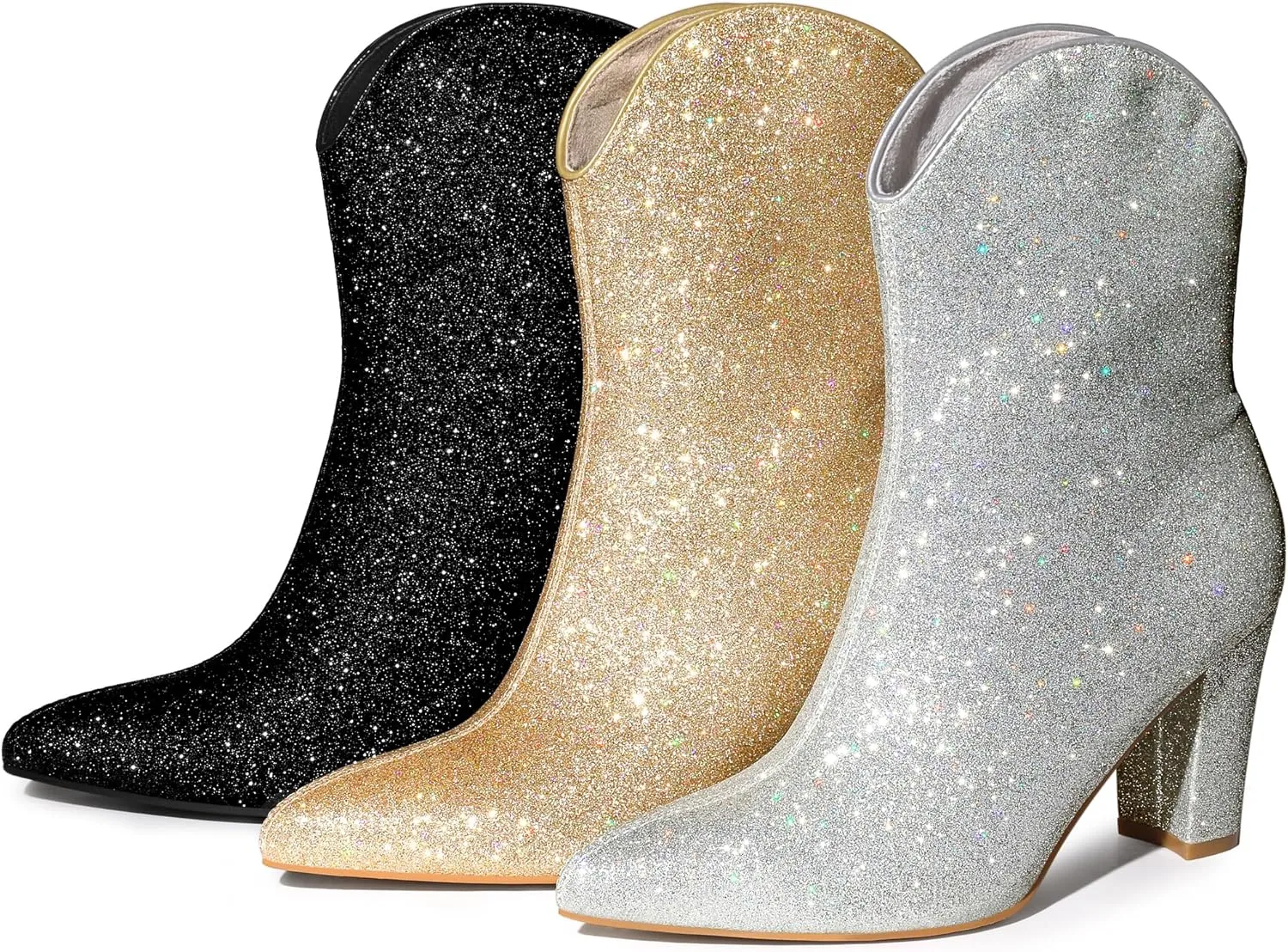 Allegra K Women's Glitter V Shape Pointy Toe Back Zipper Block Heels Mid Calf Boots