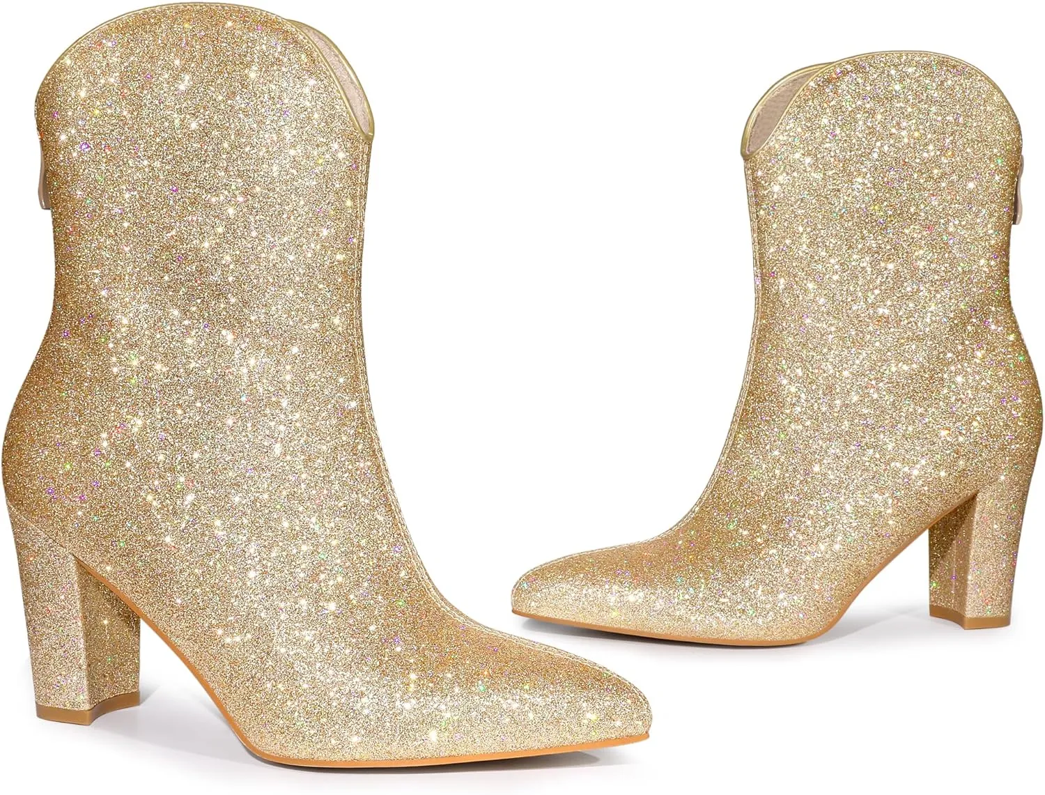 Allegra K Women's Glitter V Shape Pointy Toe Back Zipper Block Heels Mid Calf Boots