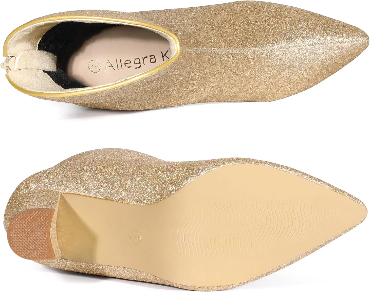 Allegra K Women's Glitter V Shape Pointy Toe Back Zipper Block Heels Mid Calf Boots