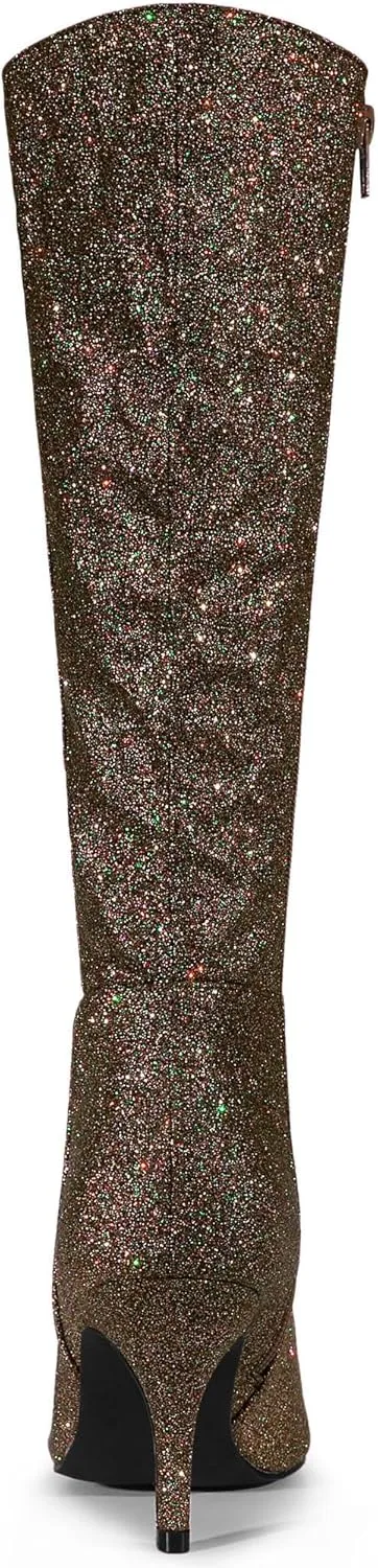 Allegra K Women's Sparkle Glitter Pointy Toe Stiletto Heel Knee High Boots