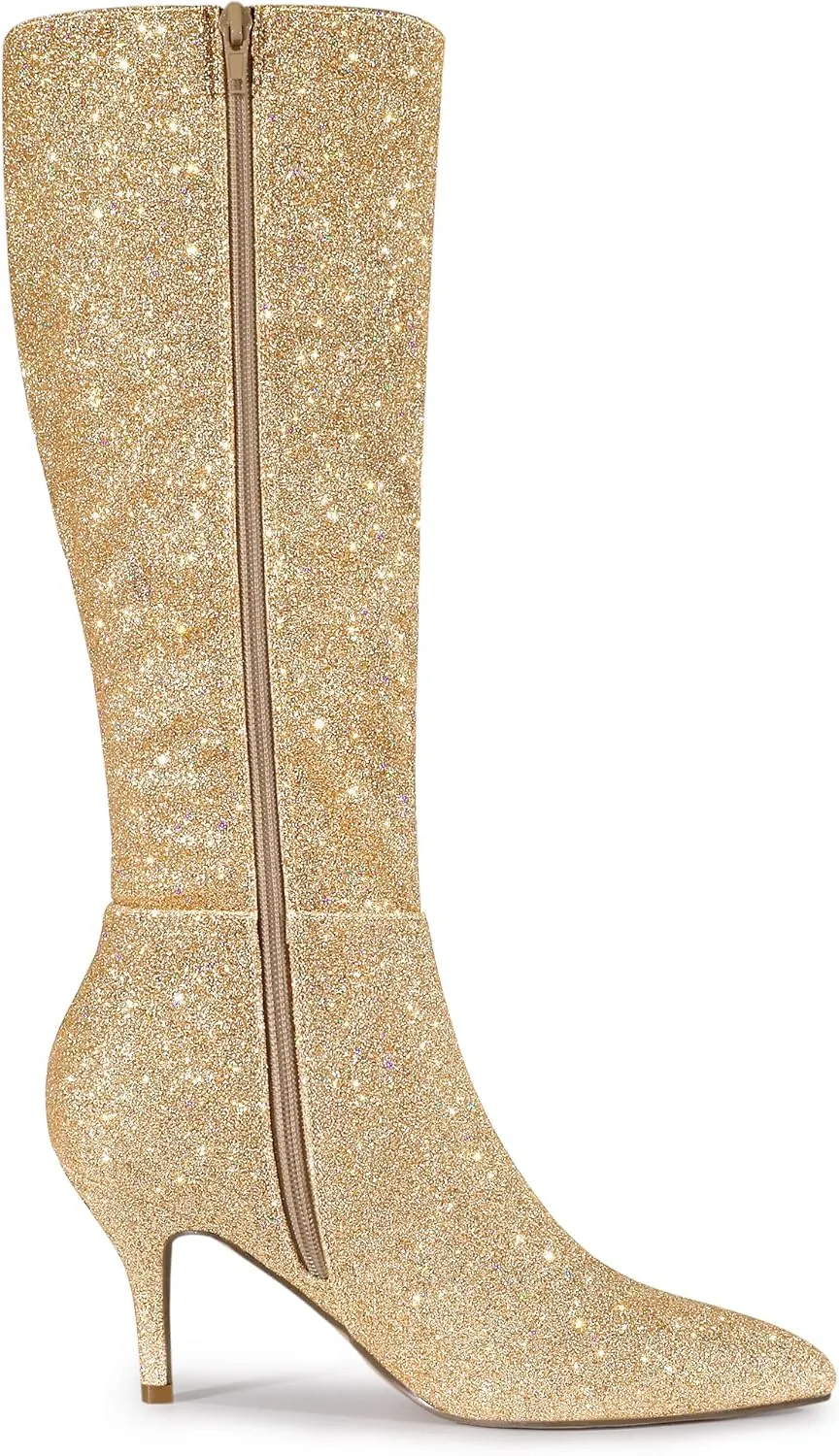 Allegra K Women's Sparkle Glitter Pointy Toe Stiletto Heel Knee High Boots