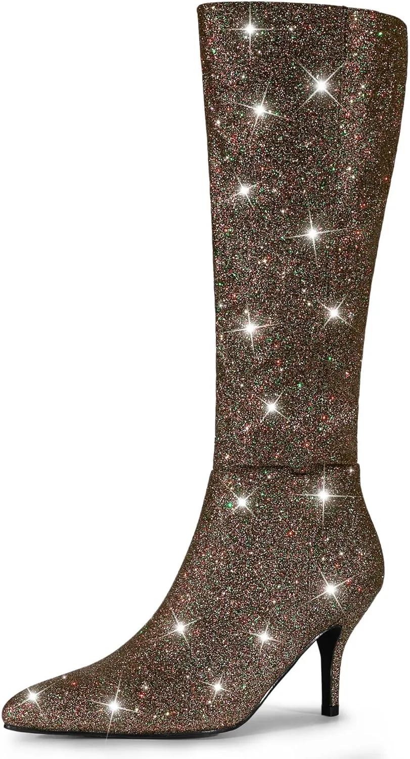 Allegra K Women's Sparkle Glitter Pointy Toe Stiletto Heel Knee High Boots
