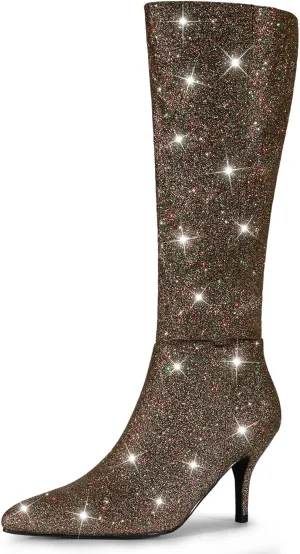 Allegra K Women's Sparkle Glitter Pointy Toe Stiletto Heel Knee High Boots