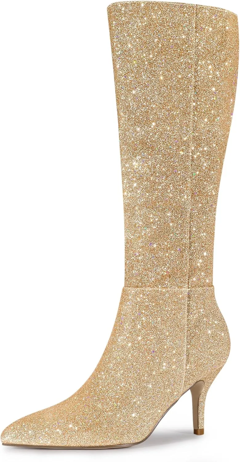 Allegra K Women's Sparkle Glitter Pointy Toe Stiletto Heel Knee High Boots