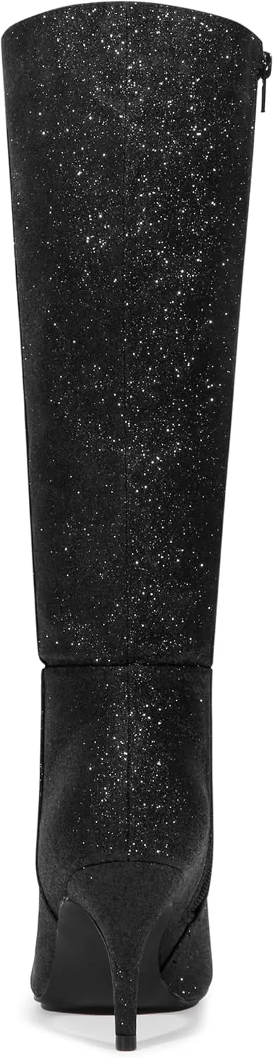 Allegra K Women's Sparkle Glitter Pointy Toe Stiletto Heel Knee High Boots