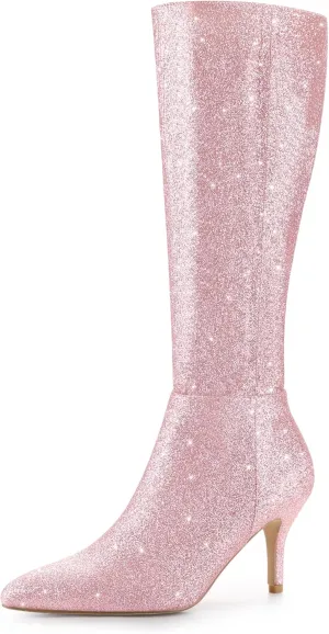 Allegra K Women's Sparkle Glitter Pointy Toe Stiletto Heel Knee High Boots