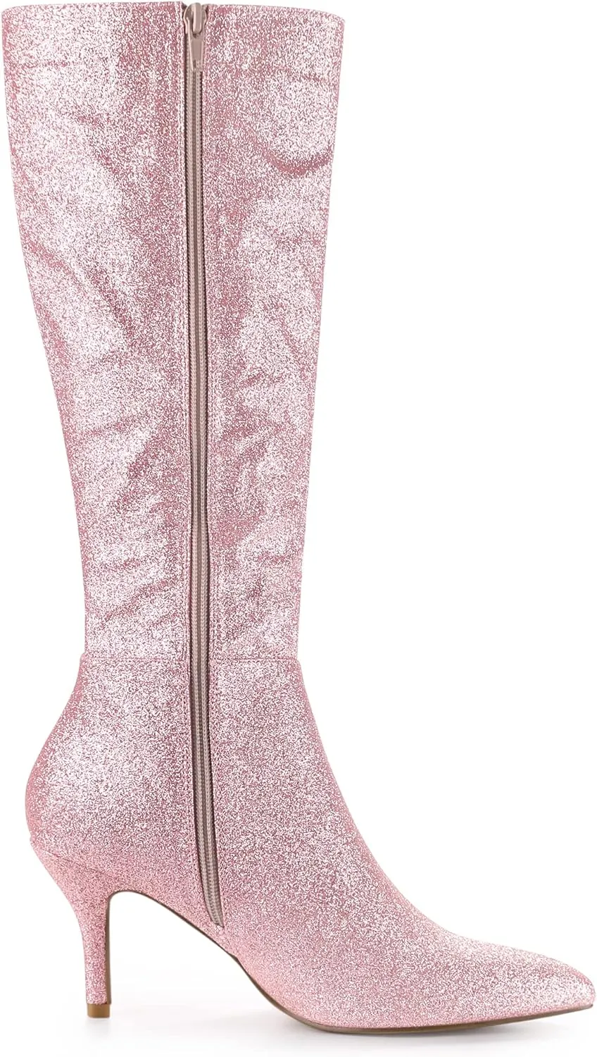 Allegra K Women's Sparkle Glitter Pointy Toe Stiletto Heel Knee High Boots