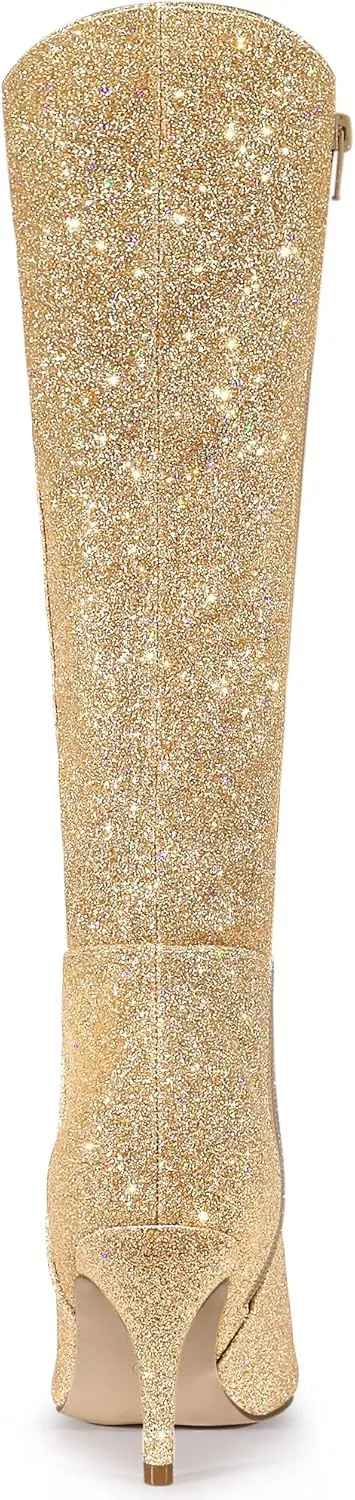 Allegra K Women's Sparkle Glitter Pointy Toe Stiletto Heel Knee High Boots